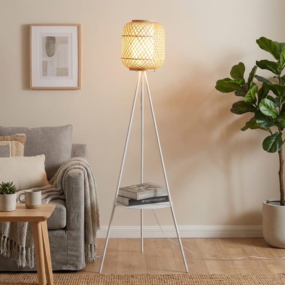 Lampadaire trépied blanc avec tablette et abat-jour en bambou — vue 4