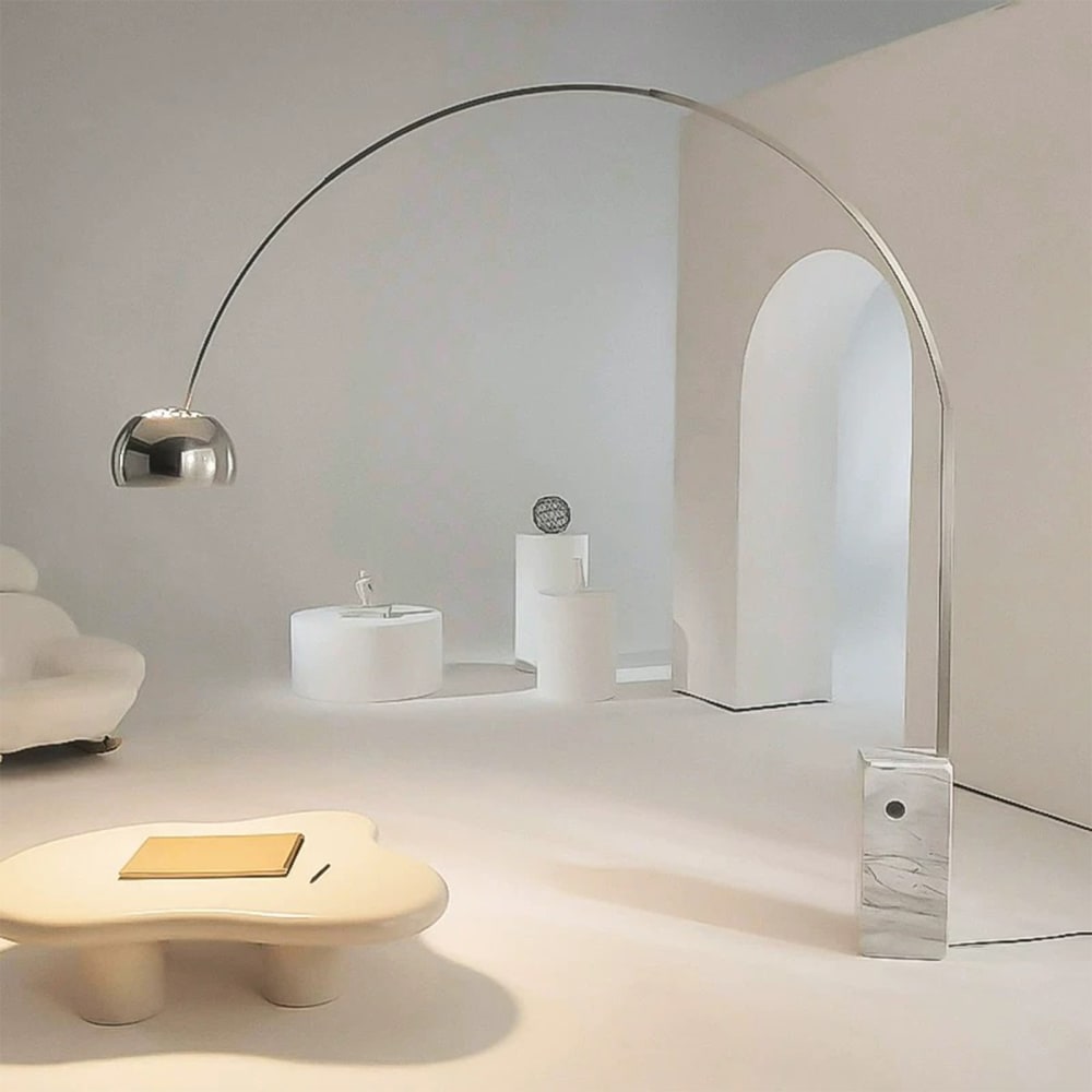 Lampadaire arc en acier et marbre, H240x220 cm