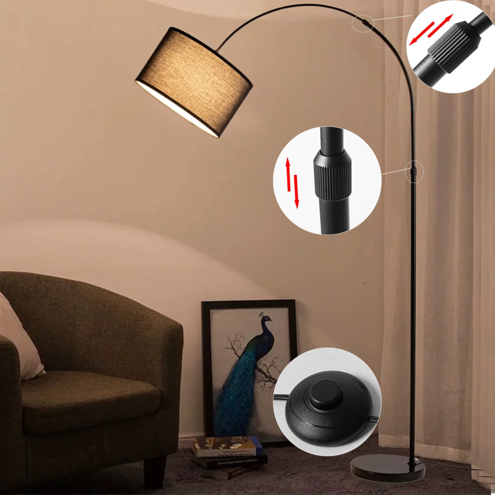 Lampadaire arc réglable Ø40 cm en métal et marbre, E27, noir