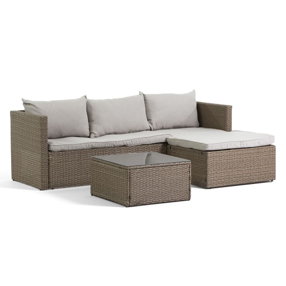 Salon d’angle en polyrattan avec coussins et table