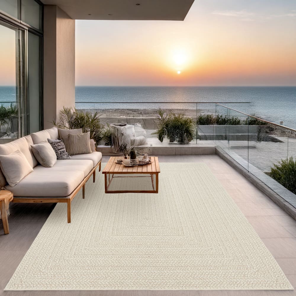 The carpet Teppich Outdoor Jute Optik Uni Terrasse - Creme - 140 x 200 cm style modern Braun Pp - Polypropylen