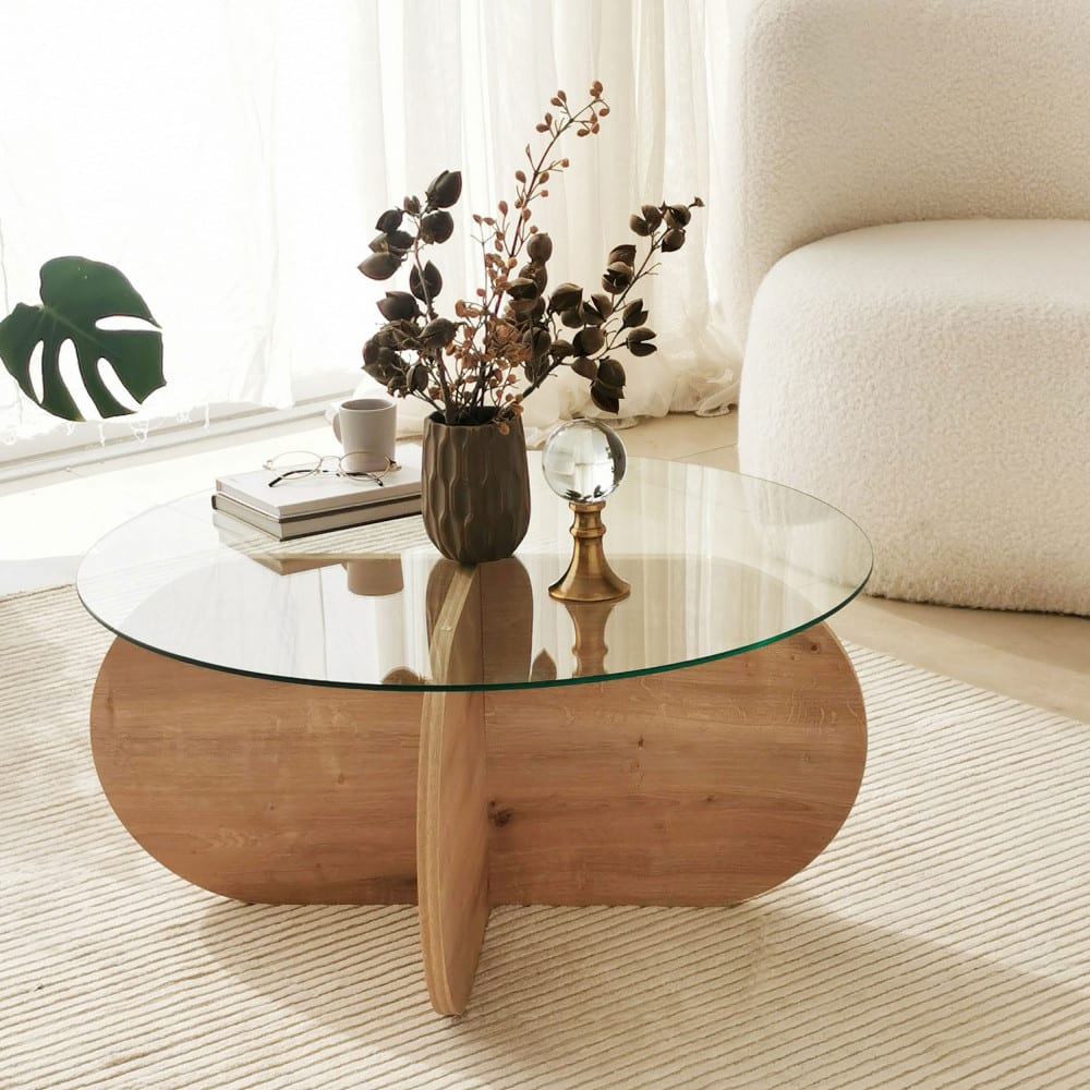Table basse ronde en verre trempé et bois ø75cm - Bois clair