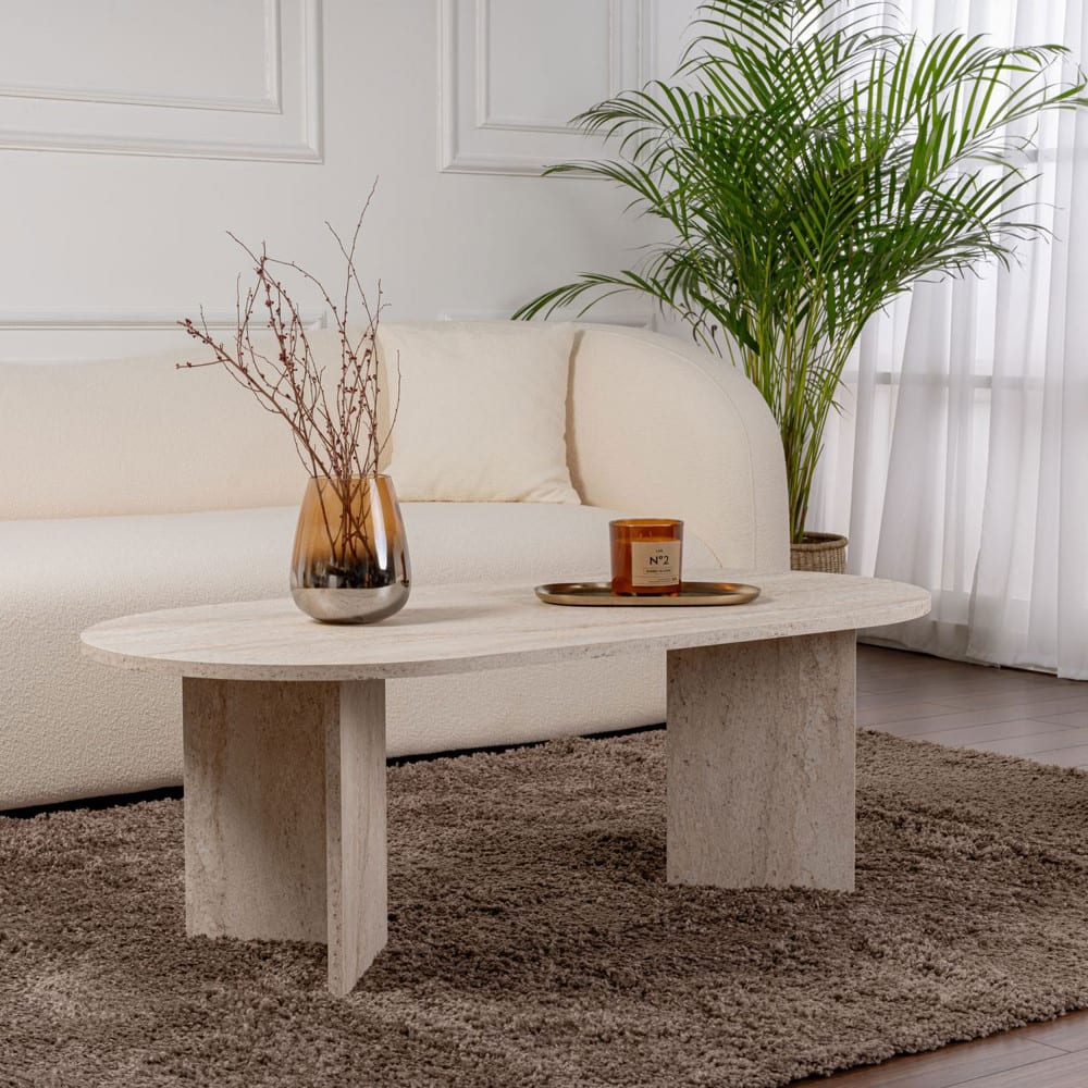 Table basse ovale effet travertin 119x60cm - beige