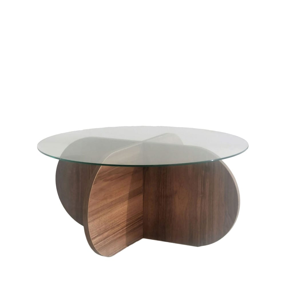 mesa de centro redonda vidrio templado y madera o75cm - madera oscura