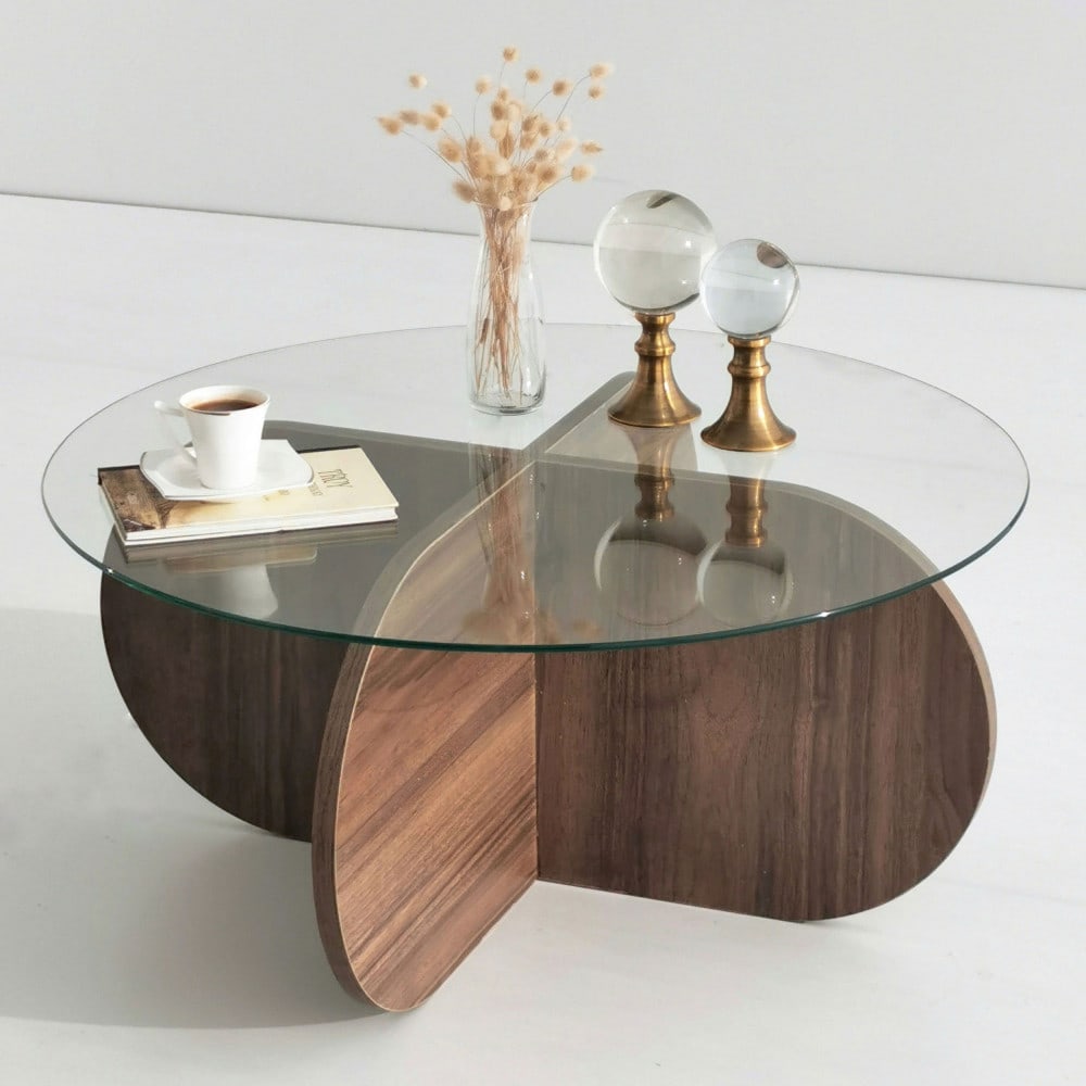 Table basse ronde en verre trempé et bois ø75cm - Bois foncé