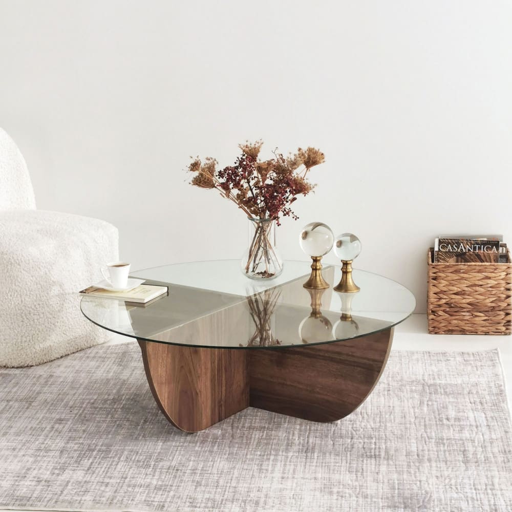 Table basse ronde en verre trempé et bois ø90cm - Bois foncé