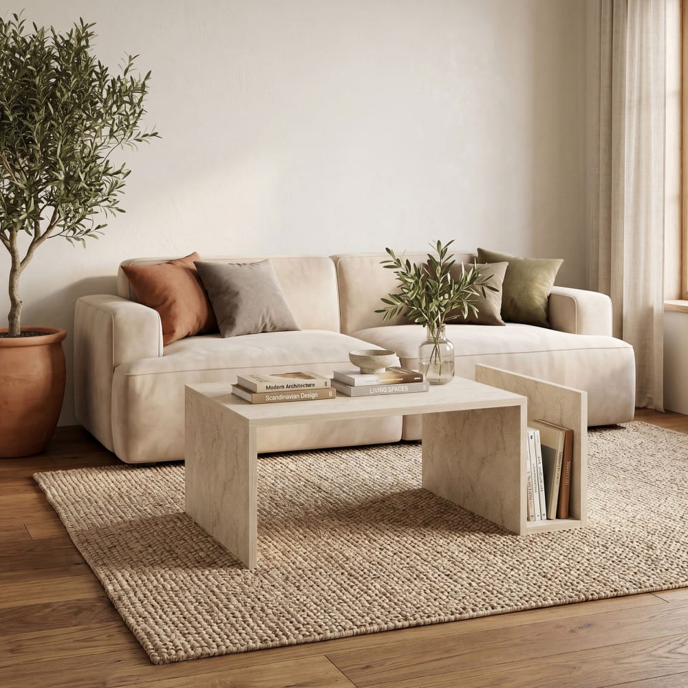 Table basse avec porte magazines effet travertin - beige