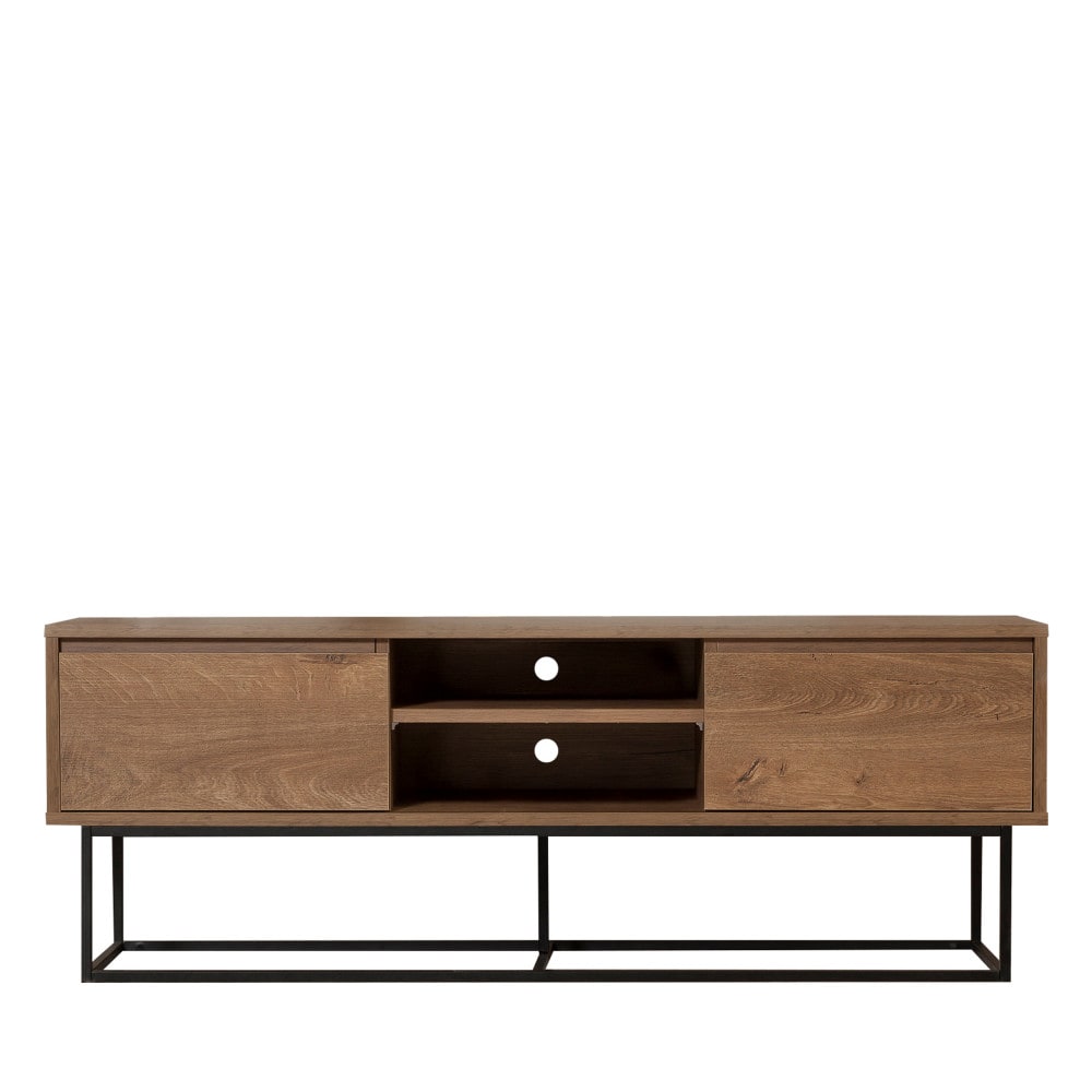 Meuble TV 2 tiroirs en bois et métal L140cm - Bois foncé