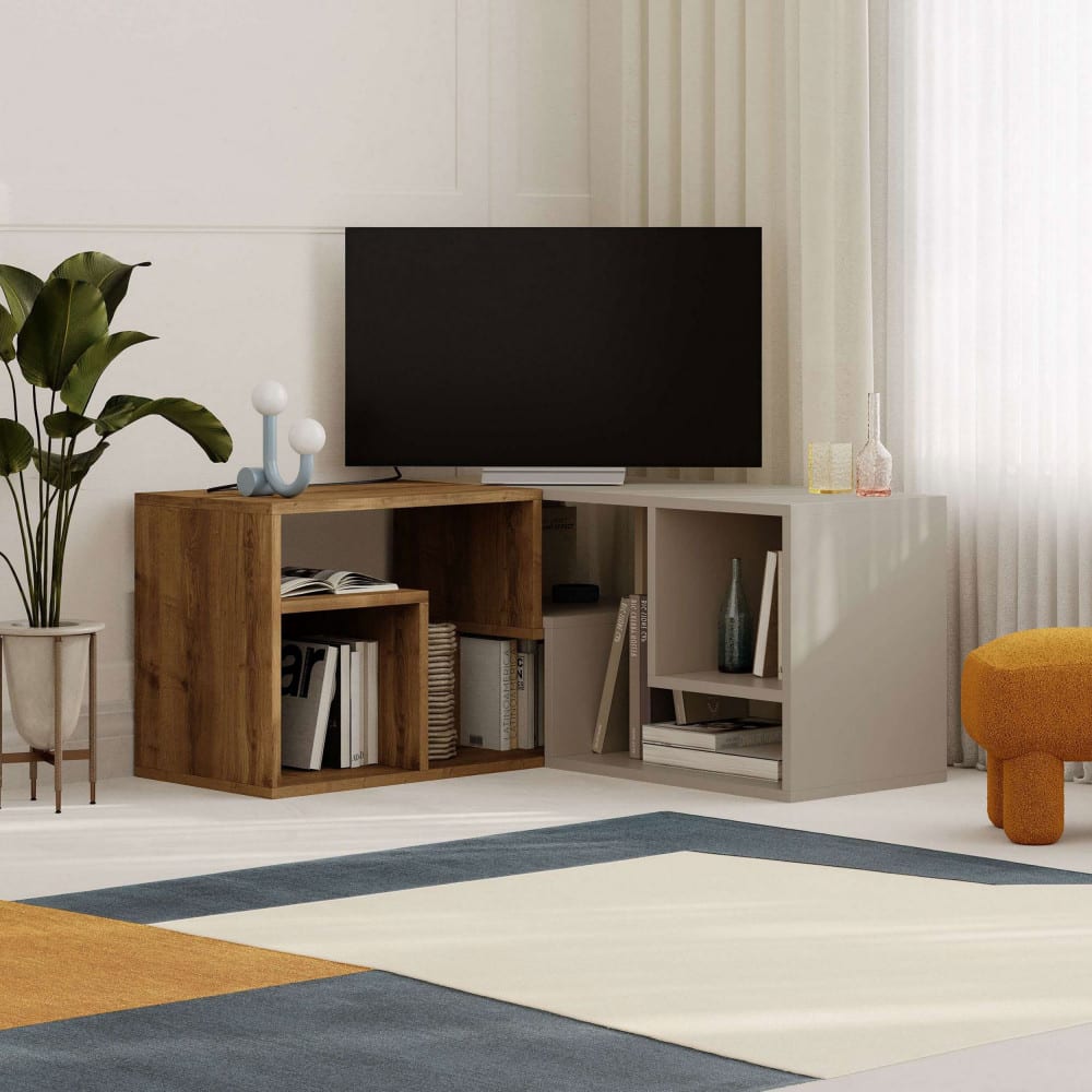 Meuble tv d'angle modulable en bois l145cm - beige