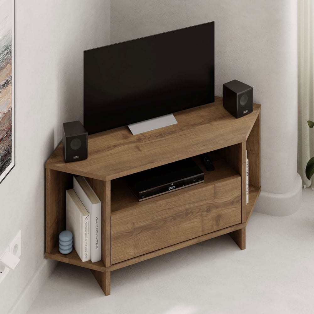Meuble tv d'angle 1 porte en bois l95,7cm - bois foncé