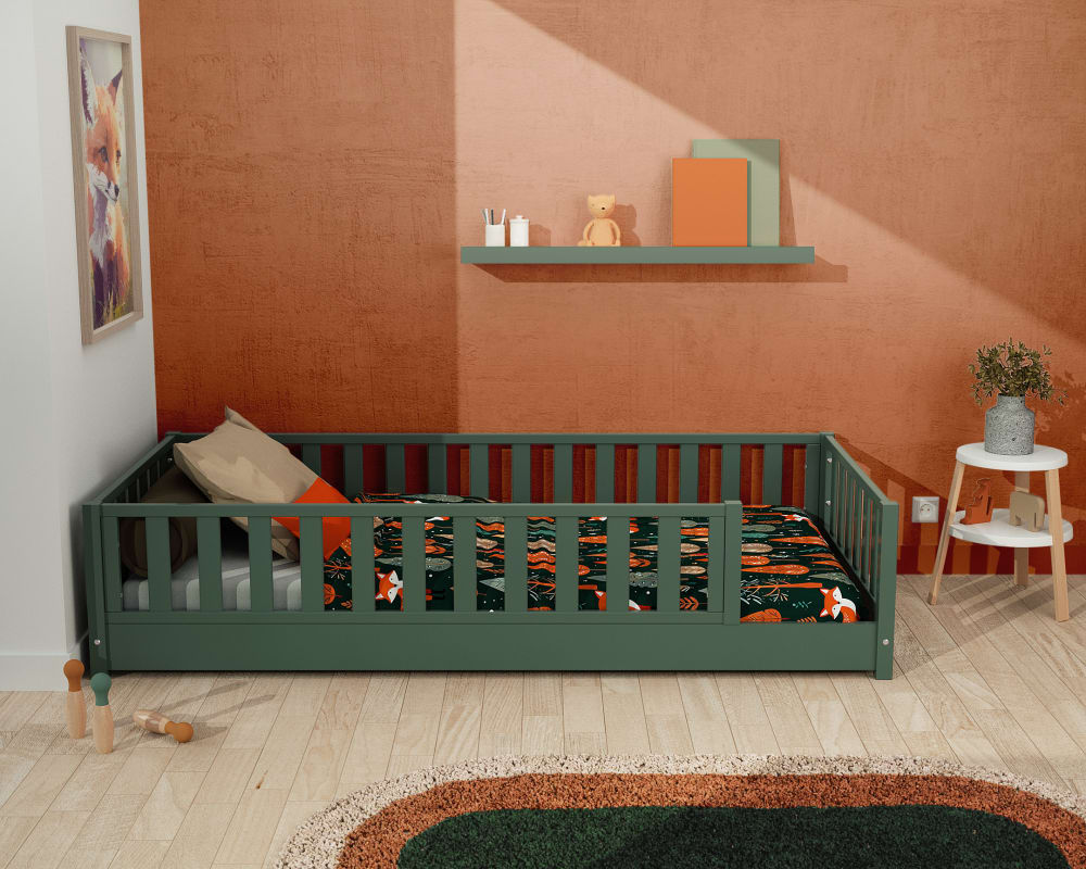 Kinder-Bodenbett aus Holz - 90x190 - Salbeigrün - Maisons Du