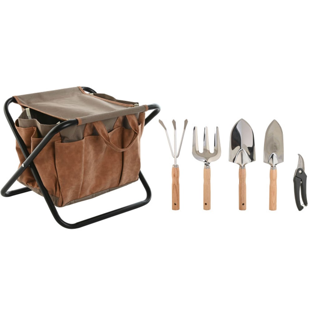 Tabouret de jardinage avec sacoche et outils