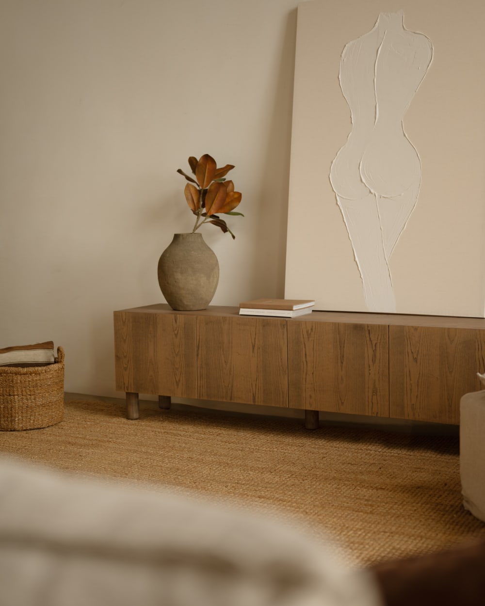 Meuble TV bois de placage de frêne naturel teinte noisette 160x40cm