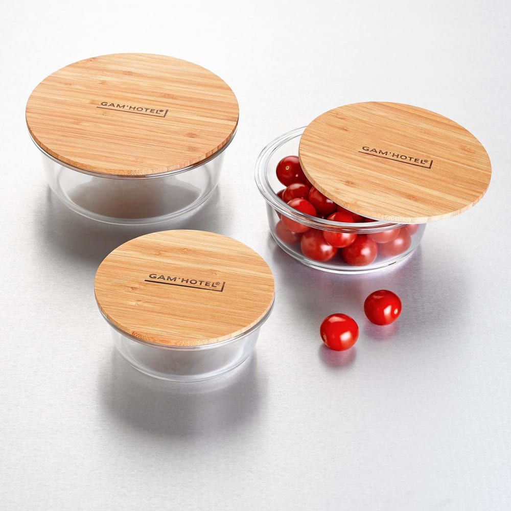 Set de 3 boîtes rondes en verre bambou Set de 3 boîtes rondes en verre bambou