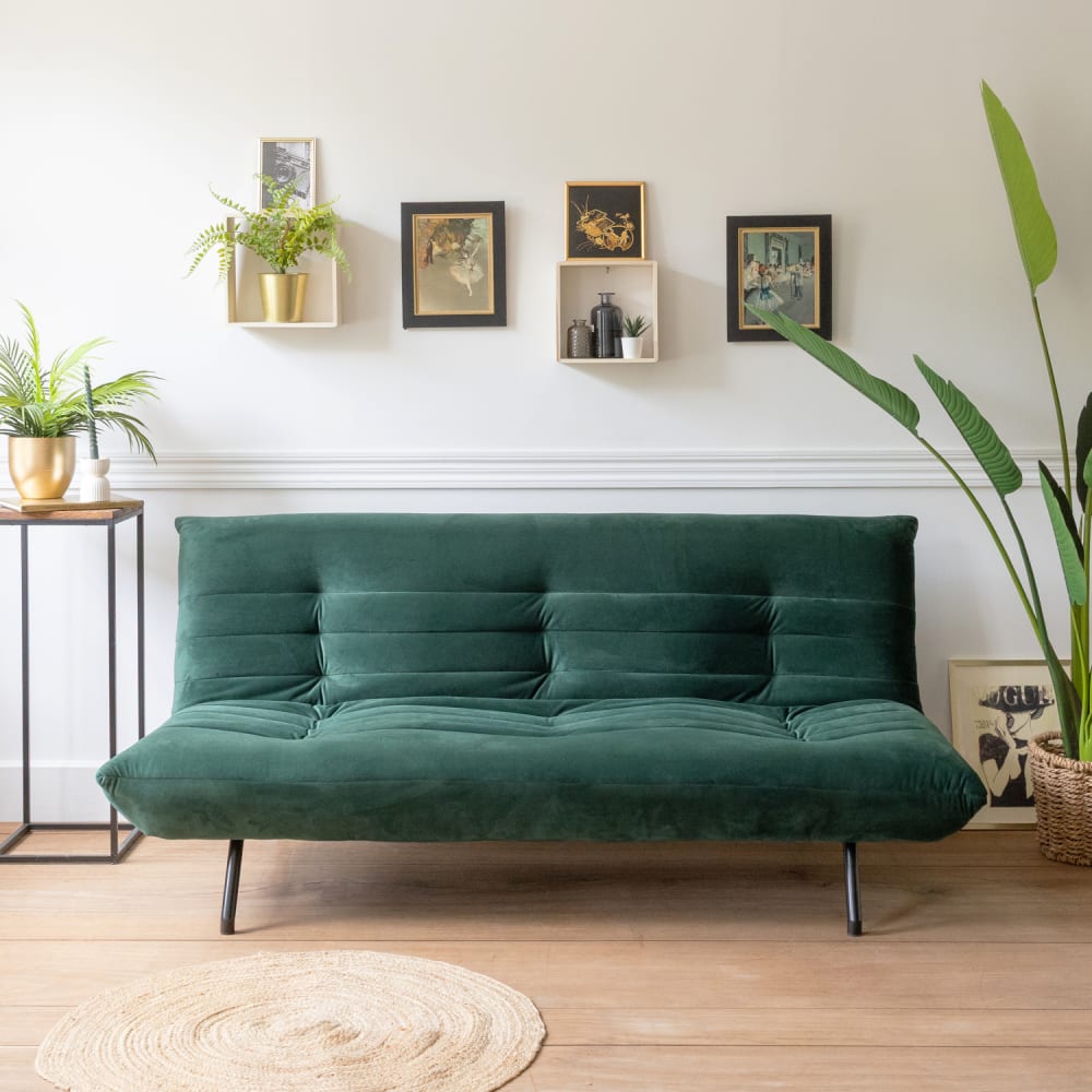 Canapé convertible 3 places en velours vert