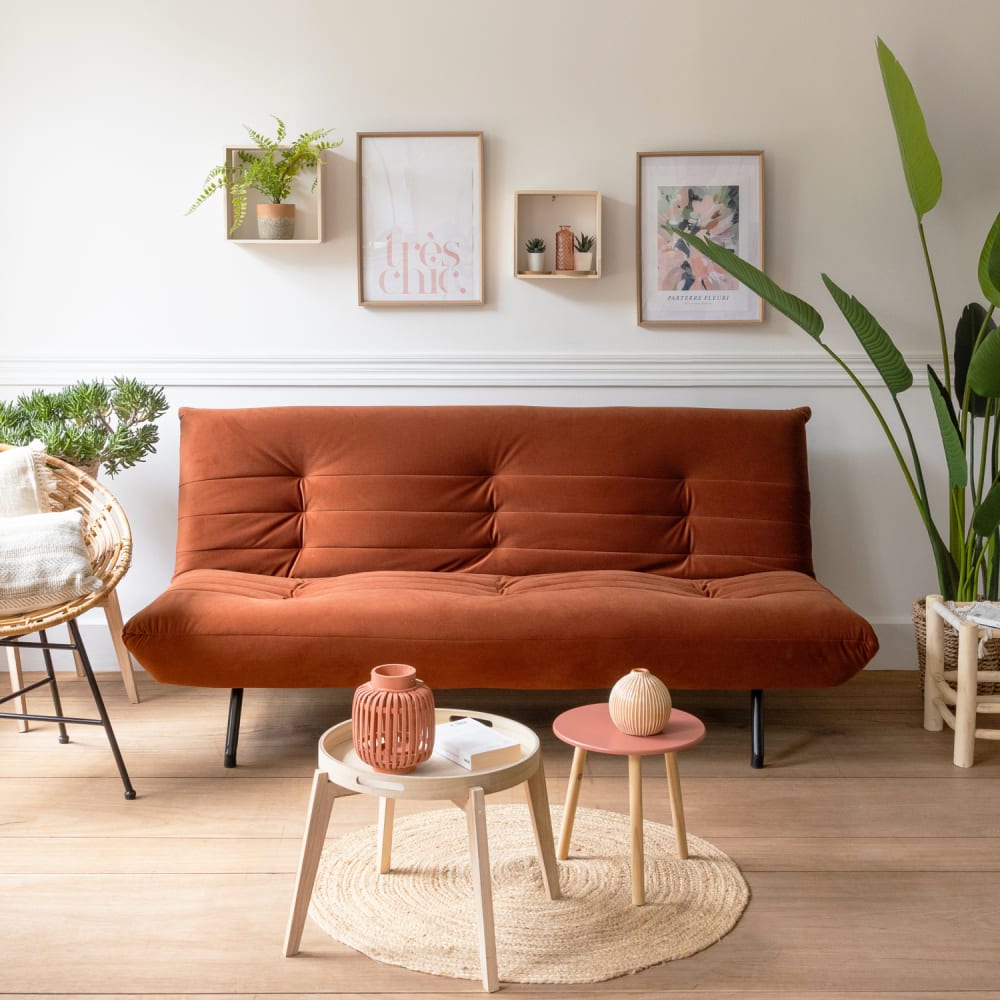 Canapé convertible 3 places en velours terracotta