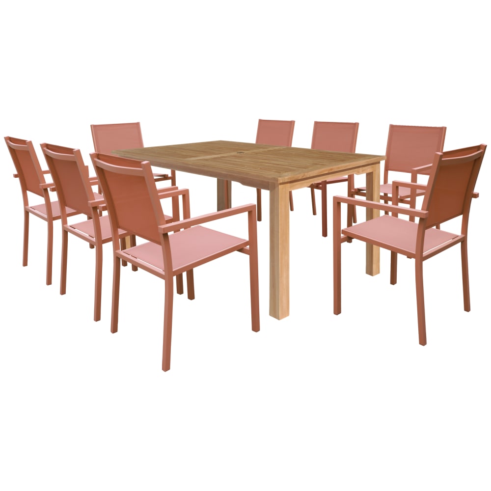 Salon de jardin en teck 8 places avec chaises en aluminium terracotta