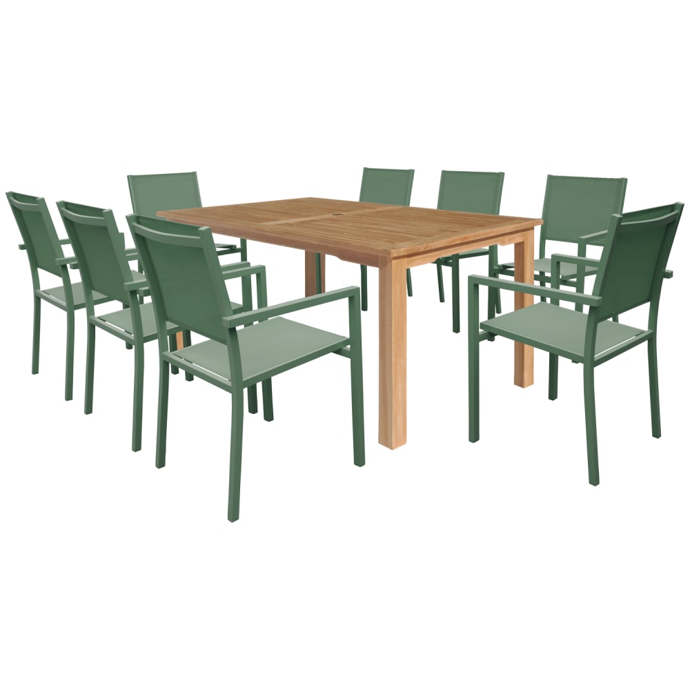 Salon de jardin en teck 8 places avec chaises en aluminium vert sauge