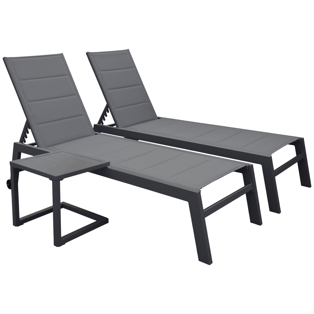 Set 2 transats et table d'appoint textilène gris aluminium anthracite