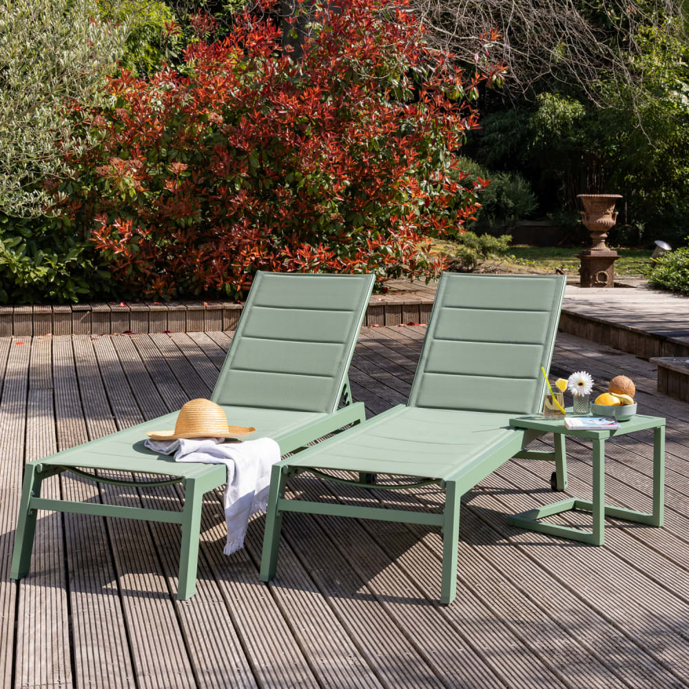 Set 2 transats et table d'appoint textilène et aluminium vert sauge