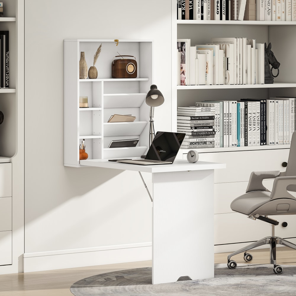 Bureau pliable mural avec étagères en panneau de particules blanc