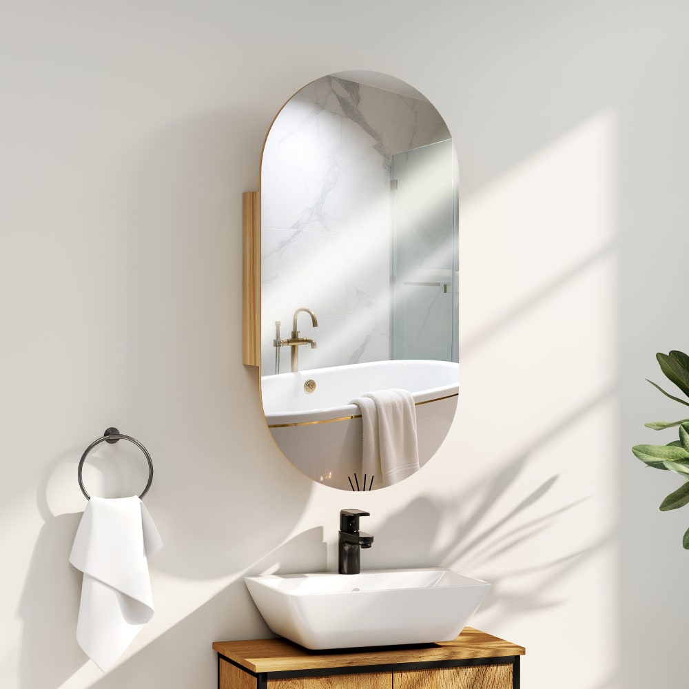 Armoire murale salle de bain avec miroir ovale sans cadre bois naturel