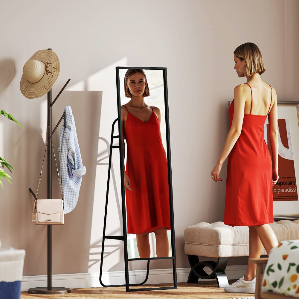 Miroir sur pied rectangulaire étagère arrière 2 crochets métal noir
