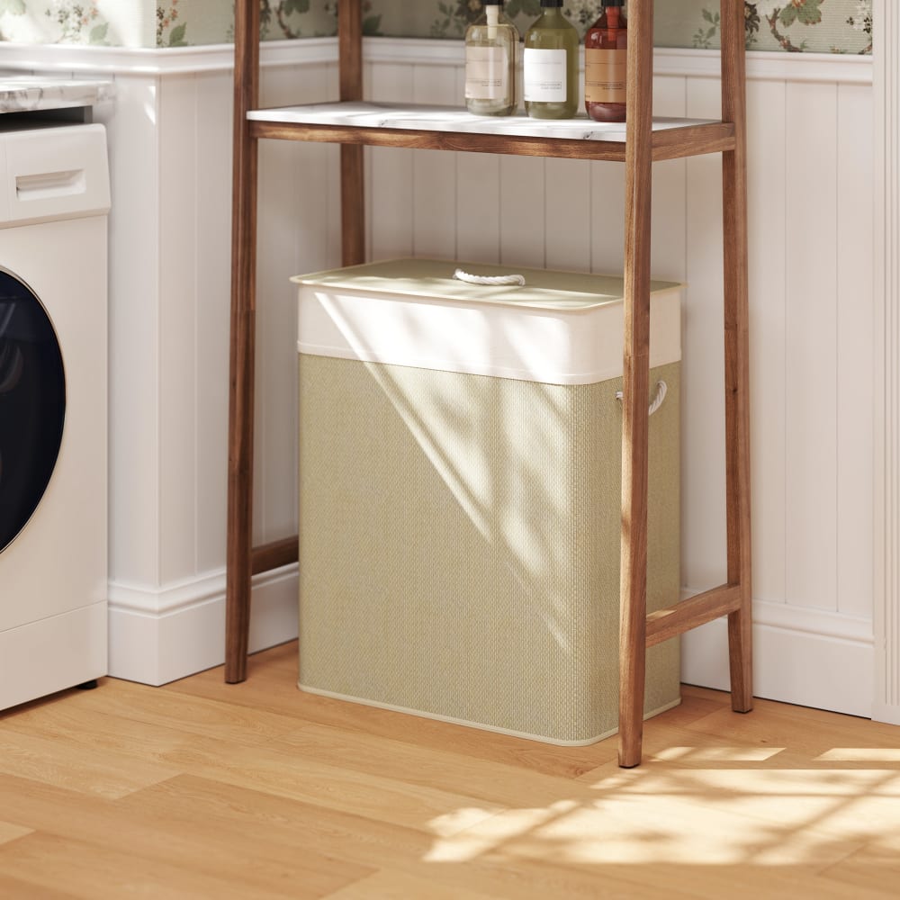 Panier à linge double 100 l bambou crème