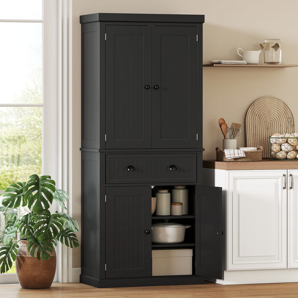 Armoire de cuisine buffet 4 portes étagères réglables et tiroir noir
