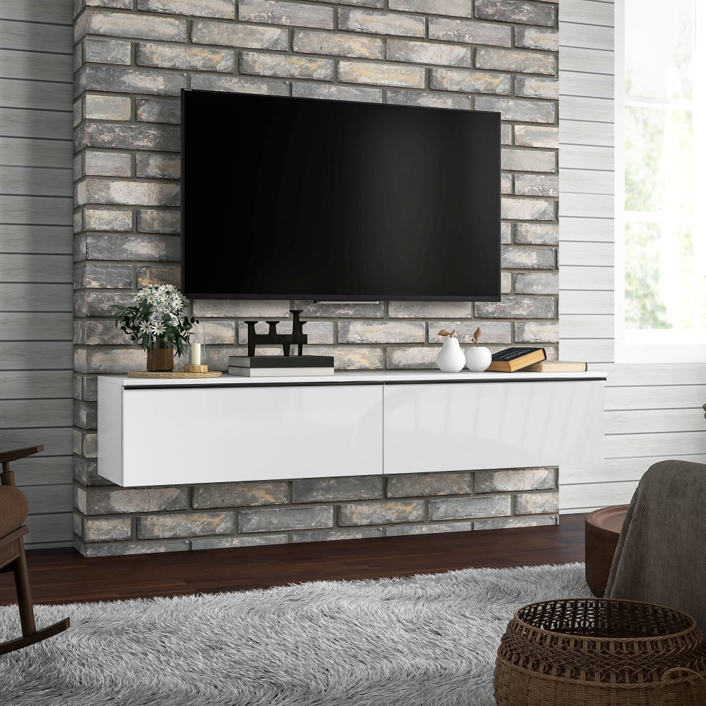 Meuble TV suspendu avec placard à portes effet brillant blanc