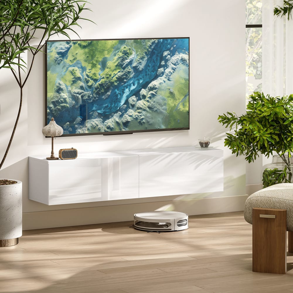 Meuble TV suspendu 2 placards à portes blanc