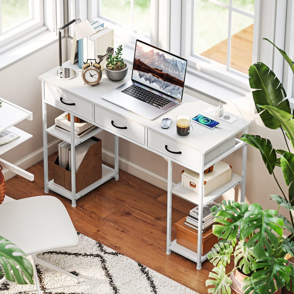 Bureau avec rangement prises de courant 3 tiroirs 4 étagères blanc