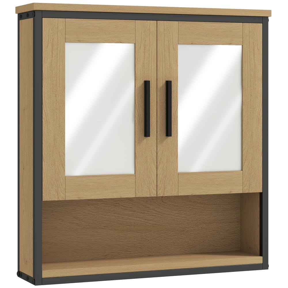Homcom Badezimmer-Hängeschrank mit Spiegel & offenem Fach, Eiche Beige Spanplatte