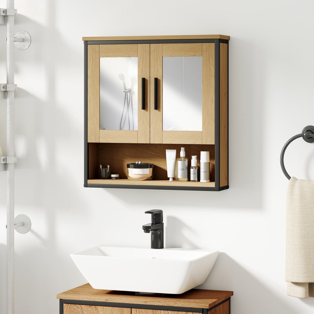 Badezimmer-Hängeschrank mit Spiegel & offenem Fach, Eiche -