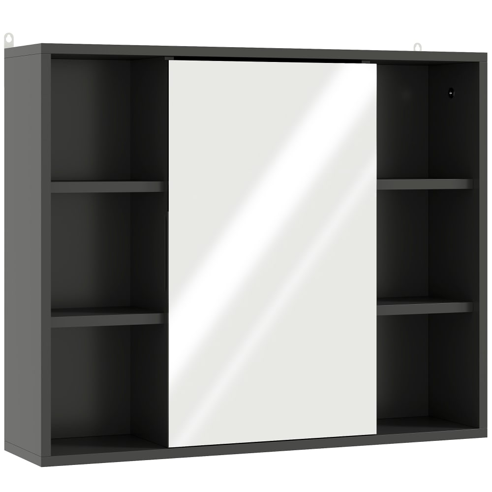 Homcom Badezimmerschrank, 6 offene Fächer & Spiegel, schwarz - Spanplatte