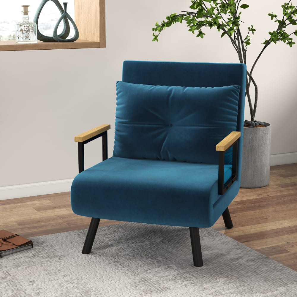 Fauteuil convertible inclinable coussin accoudoirs bois velours bleu