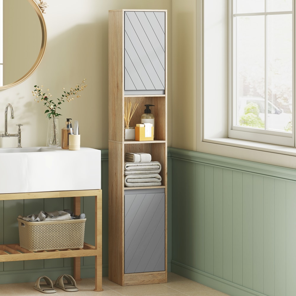 Meuble colonne rangement salle de bain 2 portes chêne clair gris