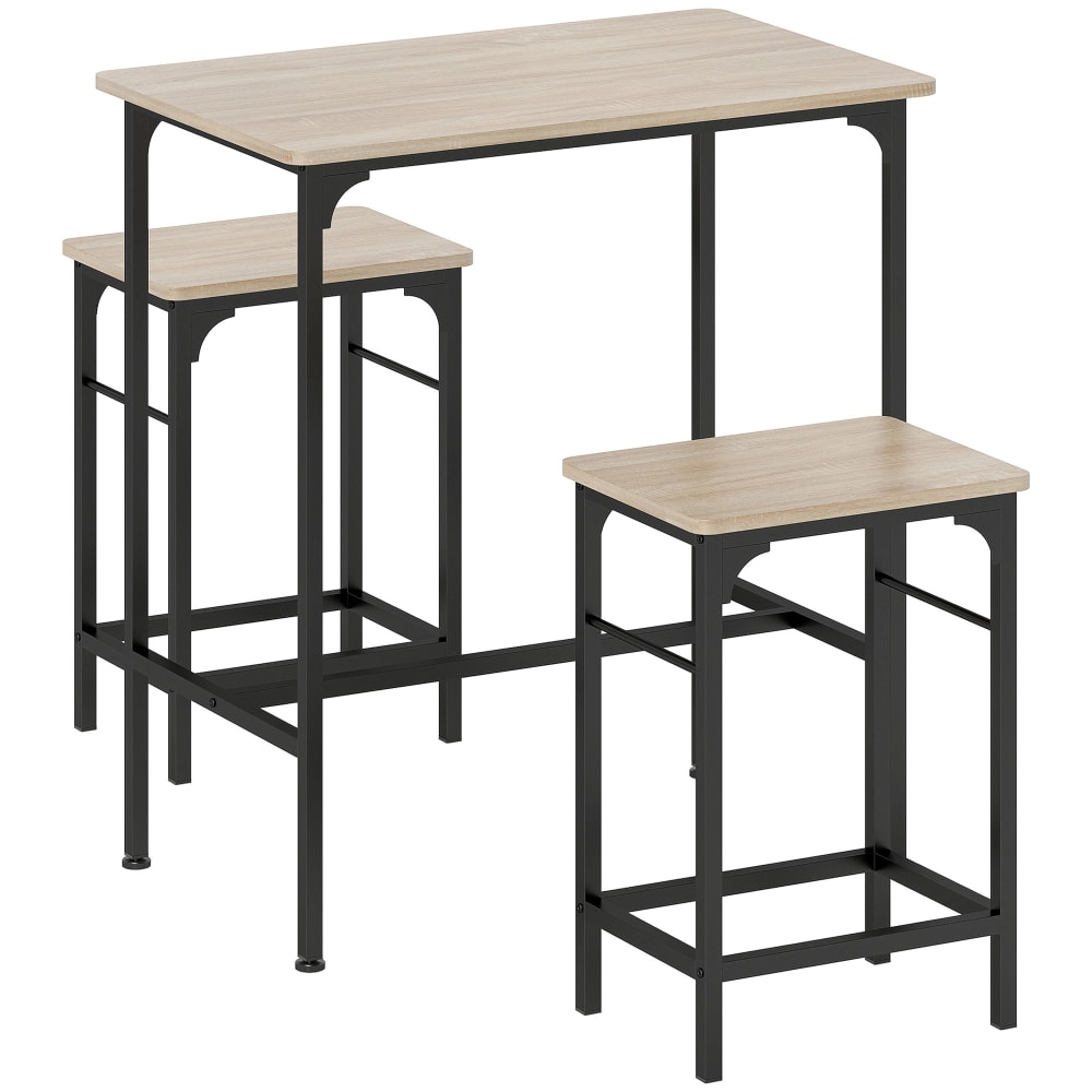 Homcom Bar-Tisch-Set, 2 Hocker & Stahl, Holzoptik natur Beige Spanplatte