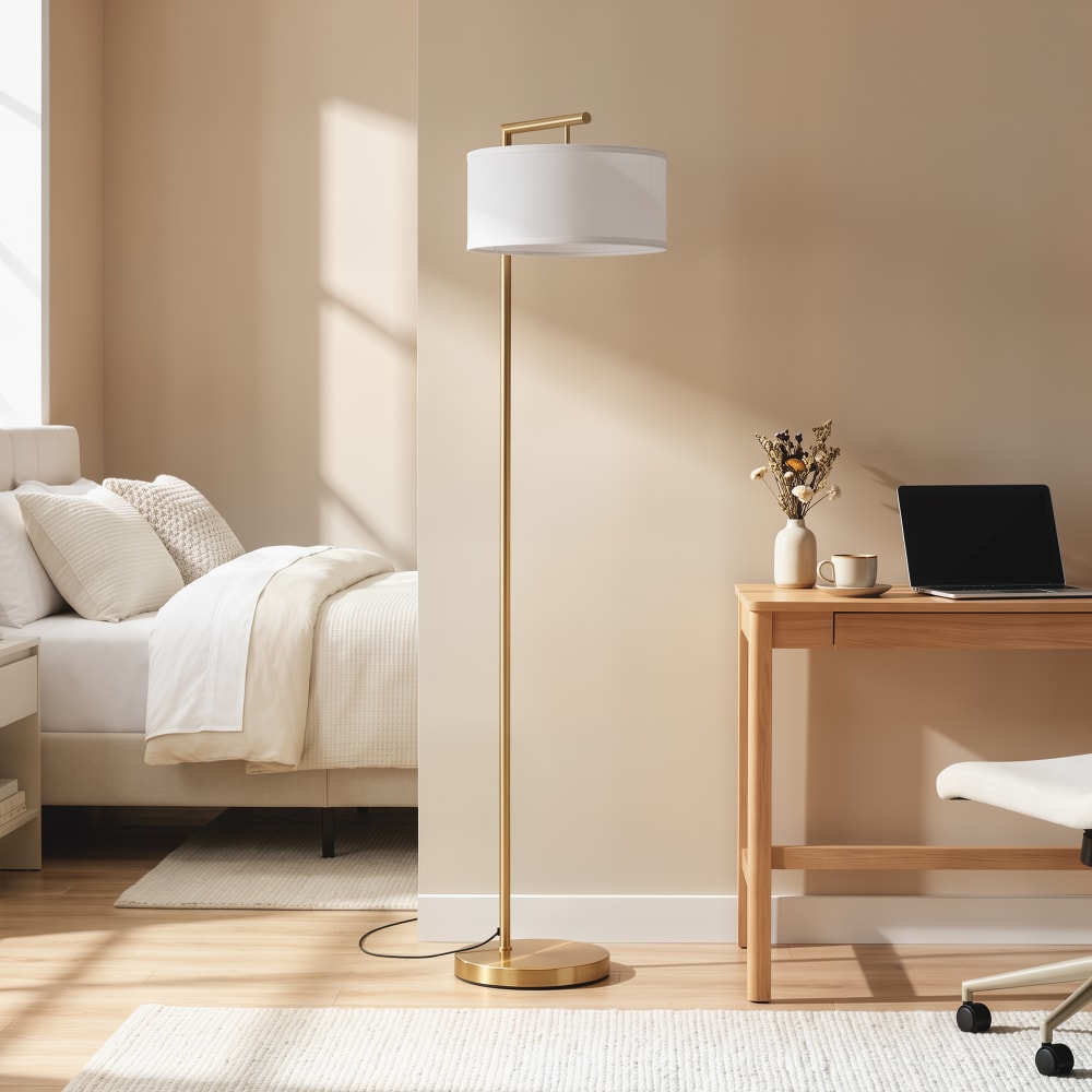 Lampadaire 153h cm abat-jour aspect lin blanc métal doré — vue 3