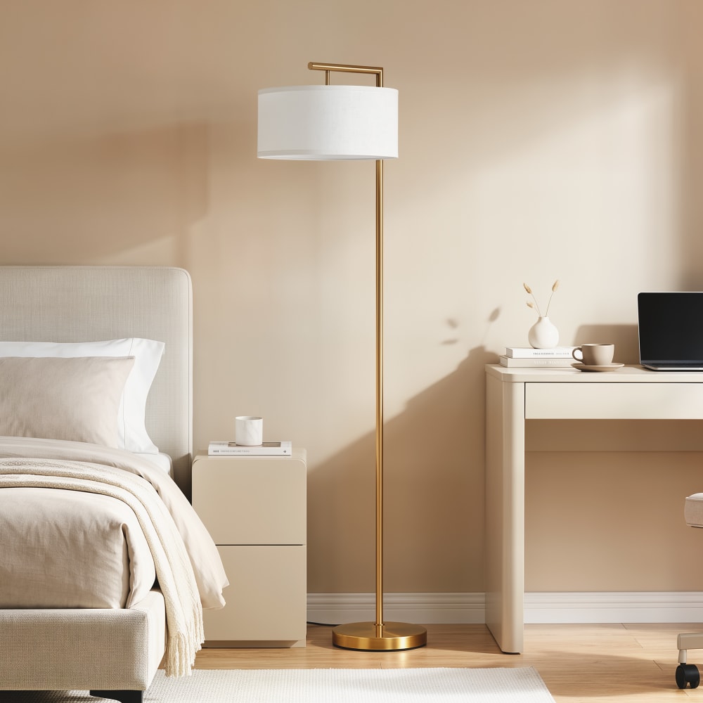 Lampadaire 153h cm abat-jour aspect lin blanc métal doré — vue 4