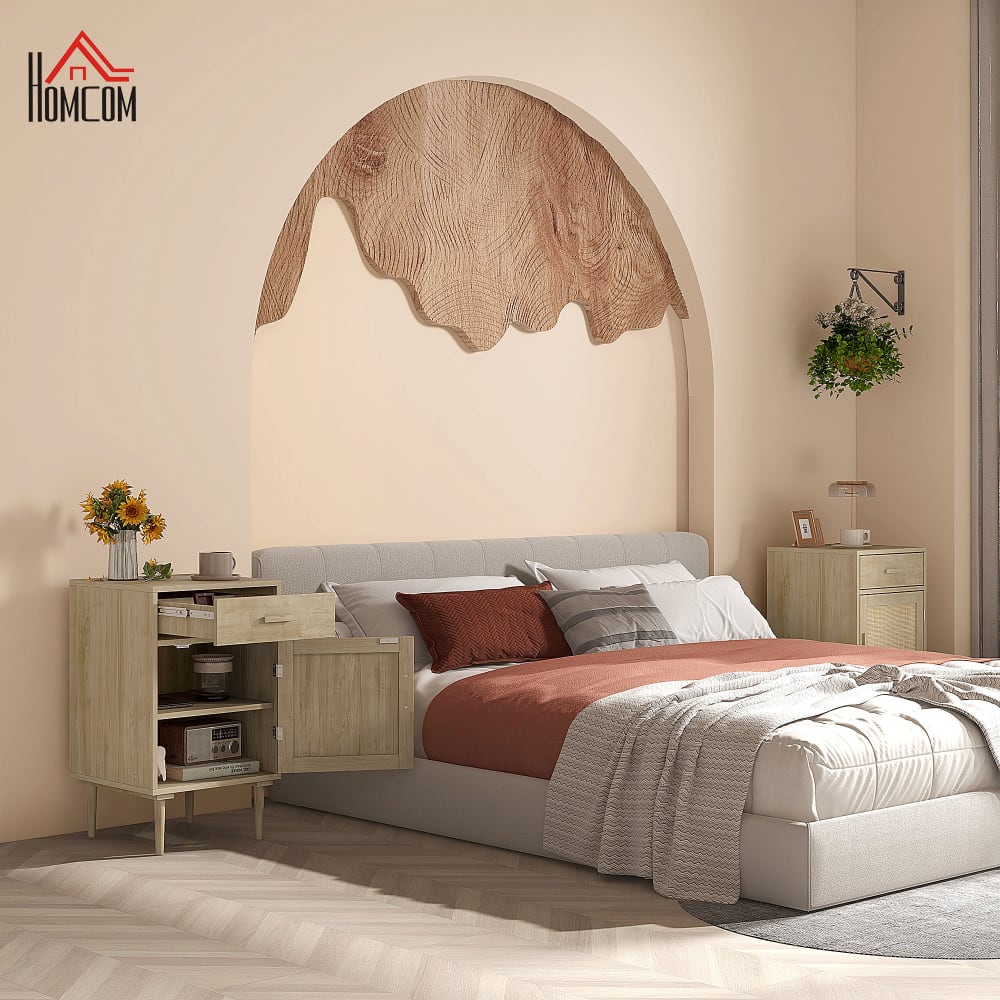 Naturstil Nachttisch mit Tür, Regal & Schublade in Hellholz -