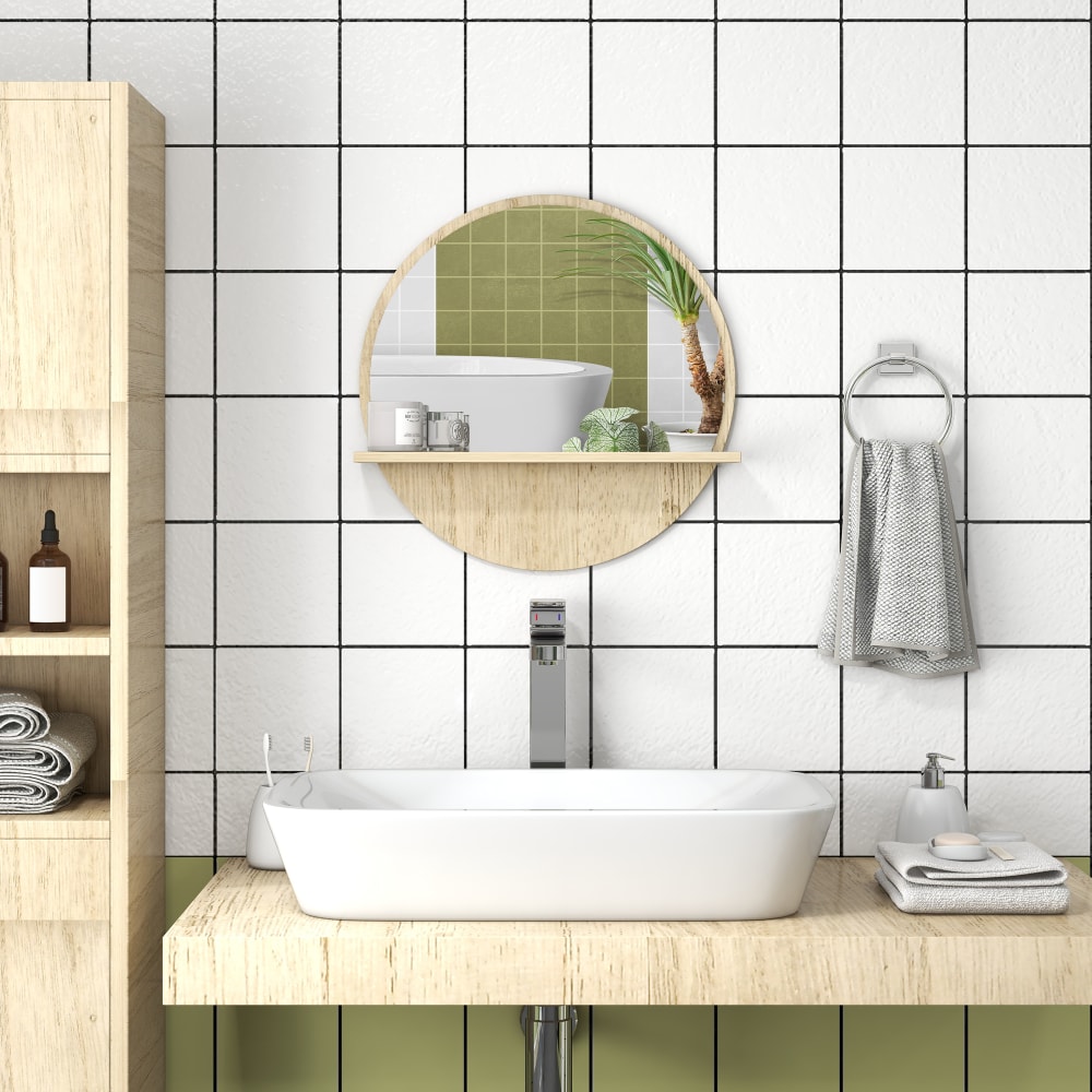 Miroir rond mural salle de bain style cosy avec étagère - ø 45 cm