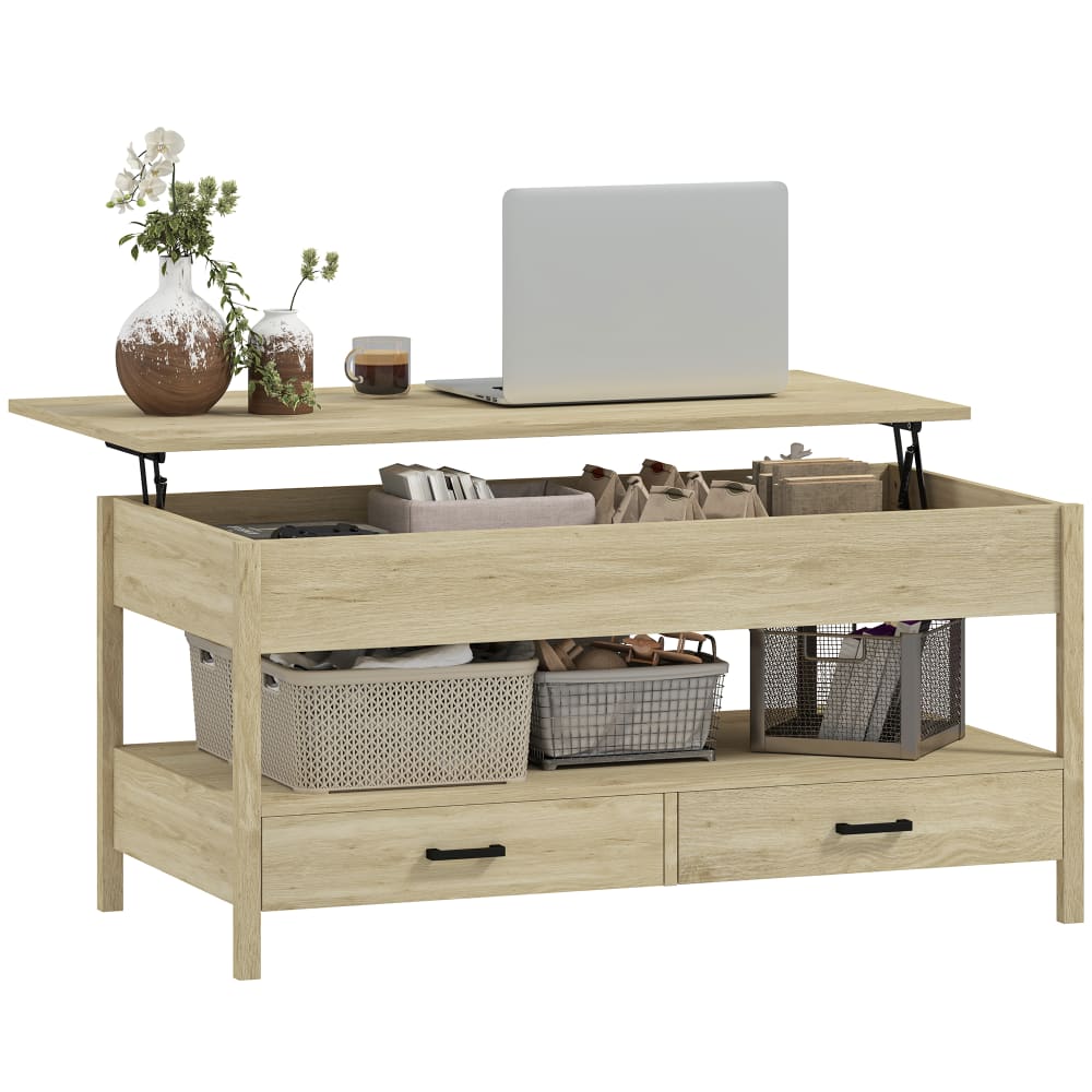 Table basse plateau relevable rectangulaire avec tiroirs chêne clair
