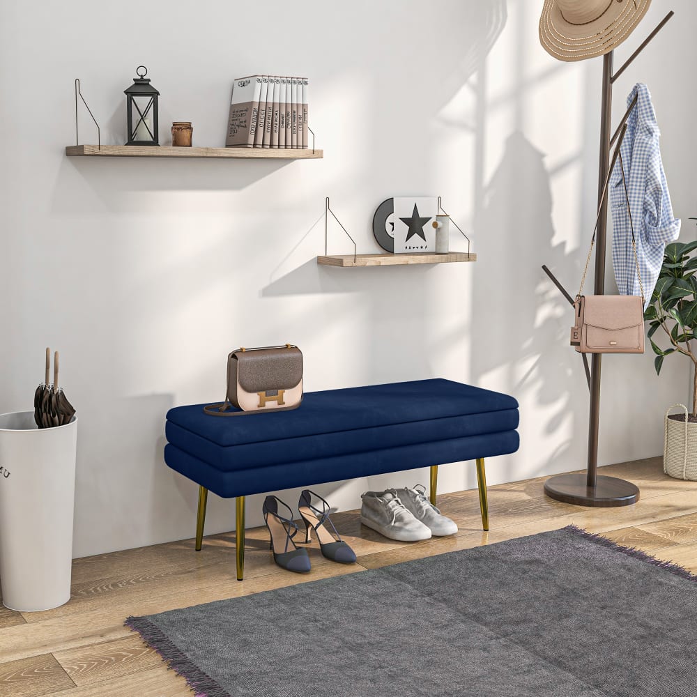 Homcom 2-in-1 Aufbewahrungsbank, Velours-Optik Stahl beige&gold Blau Pes - Polyester