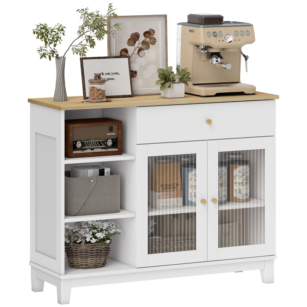 Buffet portes en verre trempé nervuré étagères réglables blanc