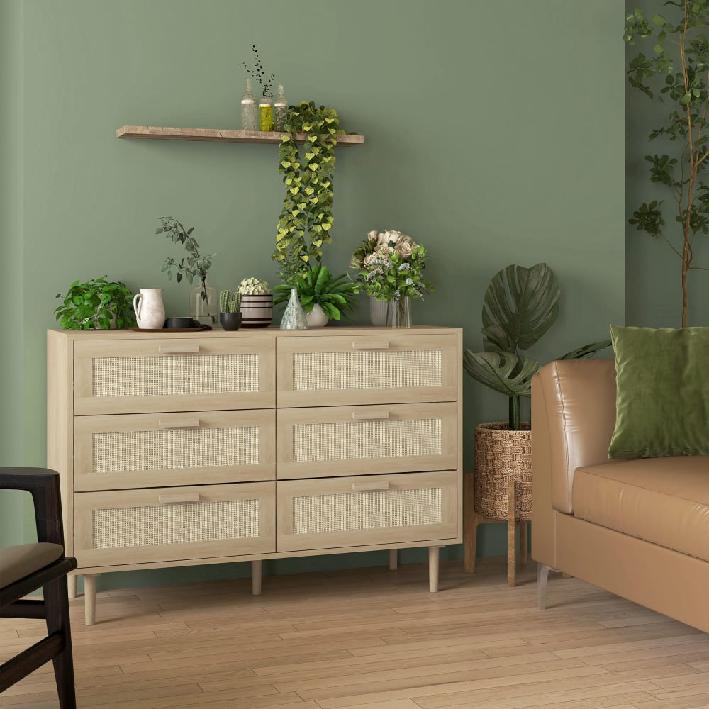 Commode 6 tiroirs meuble de rangement rotin bois clair