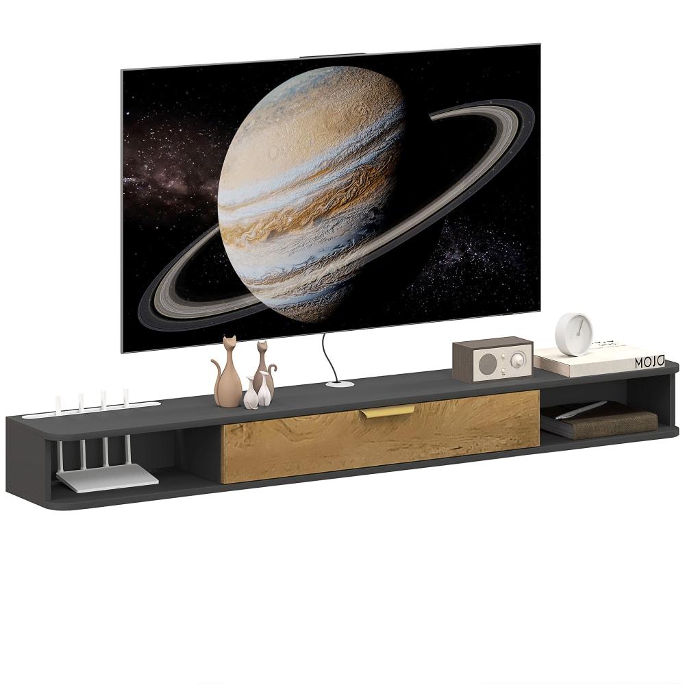 Meuble tv suspendu compartiments ouverts bois gris