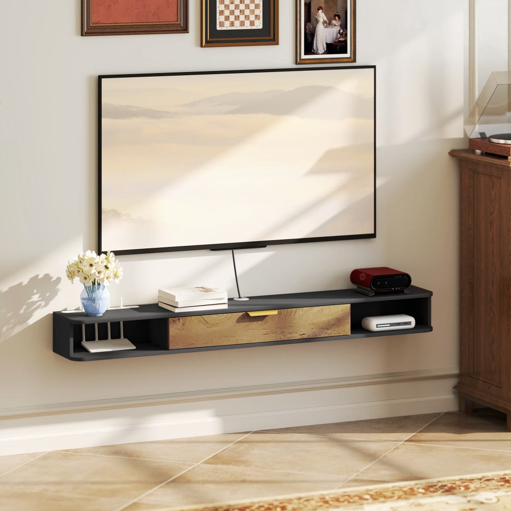Meuble tv suspendu compartiments ouverts bois gris