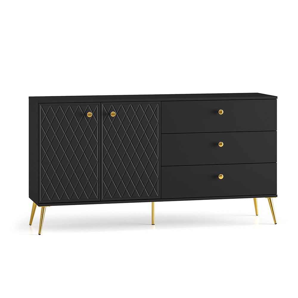 Feldmann-Wohnen Sideboard 3D-Karo-Muster aus MDF, 160x40x85cm, Schwarz / Gold style modern Schwarz Spanplatte