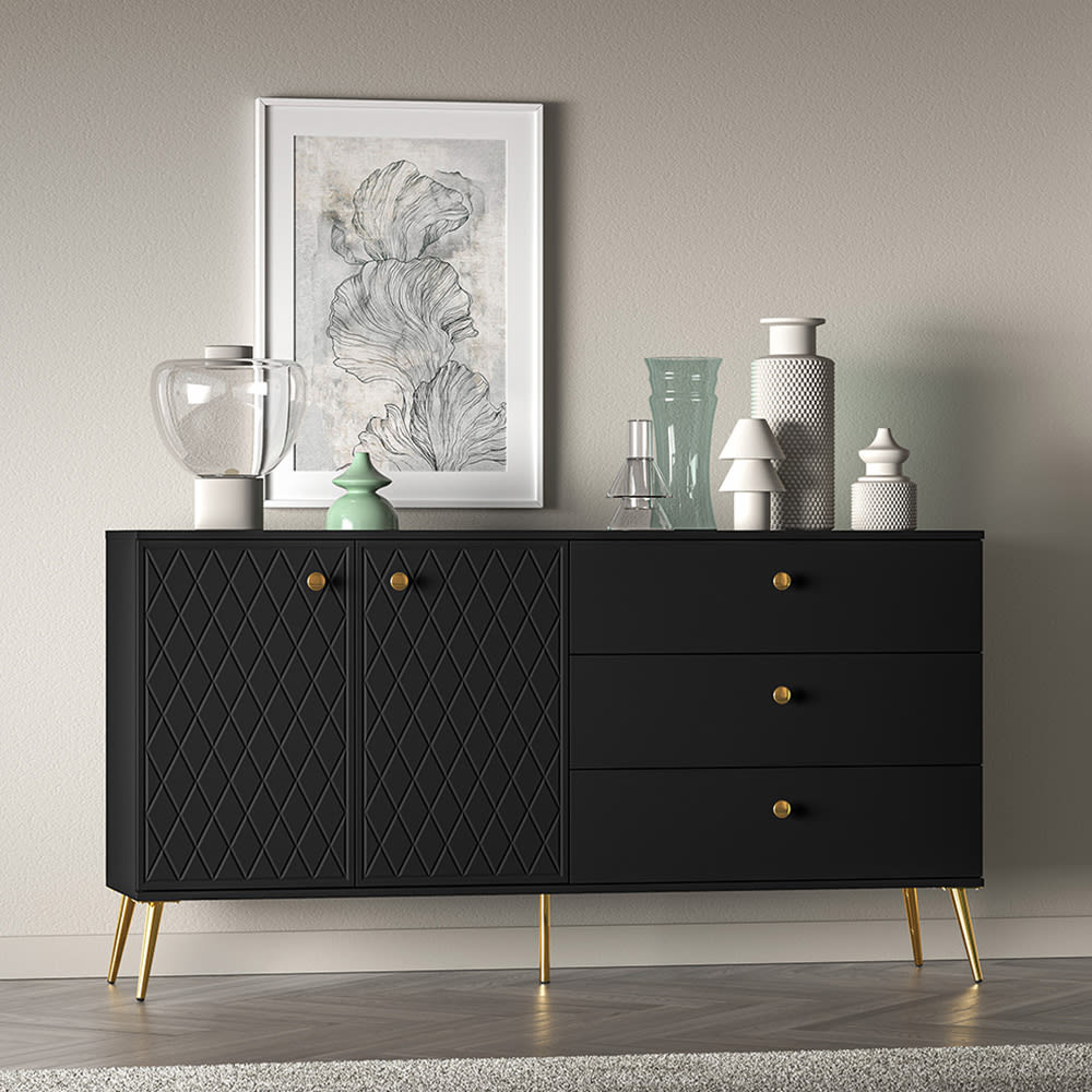 Sideboard 3D-Karo-Muster aus MDF, 160x40x85cm, Schwarz / Gold -
